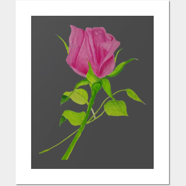 Pink rose stem, handpainted gouache flower Wall Art by JewelsNova